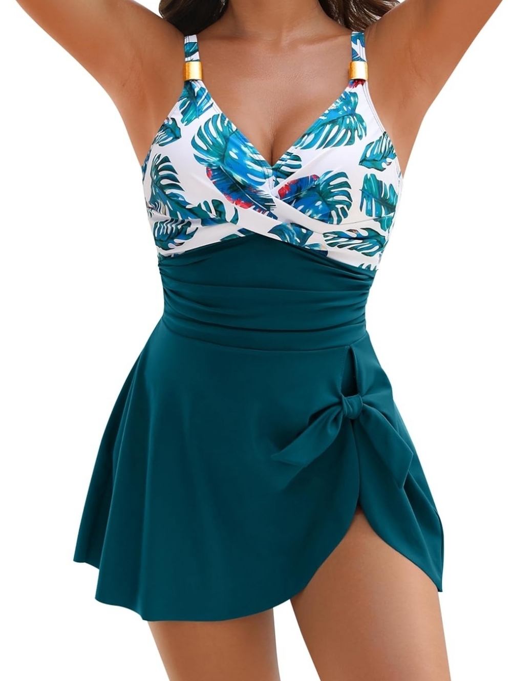 Teal Tropical Print One-Piece Swimdress with Side Bow